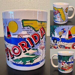 Vintage FLORIDA  State Map Souvenir Coffee Mug Pink Flamingoes Palm Trees